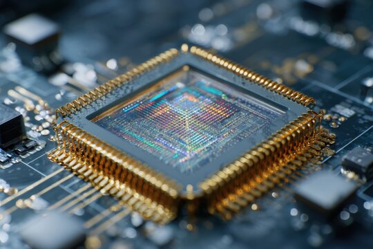 Closeup view of a quantum computing chip showing intricate connections and patterns on a circuit board in a laboratory setting under bright lights