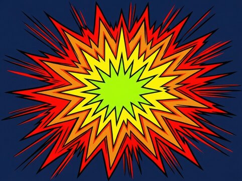 Colorful comic book style speech bubble explosion graphic on a dark blue background
