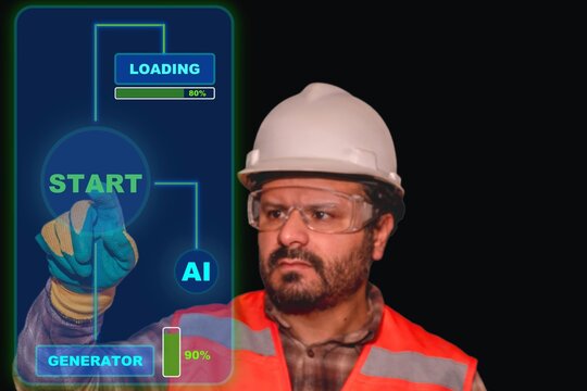 Hispanic engineer using futuristic artificial intelligence interface and digital loading screen
