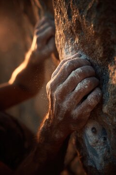 Closeup of climbers hands gripping a rough rock face during an outdoor climbing session in nature at sunset, showing chalk-stained fingers digging into the stone surface for support