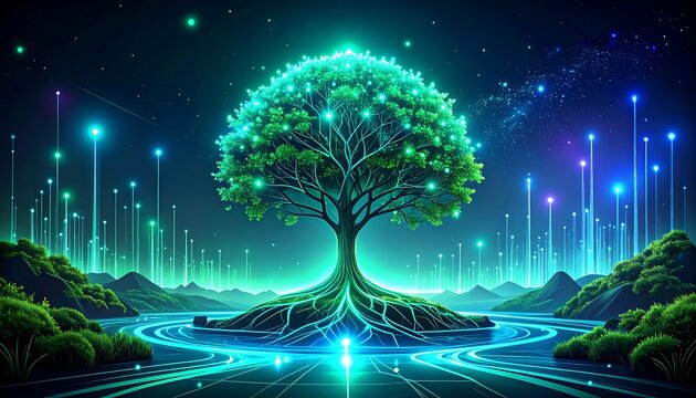 Futuristic cityscape with glowing digital tree and lights.