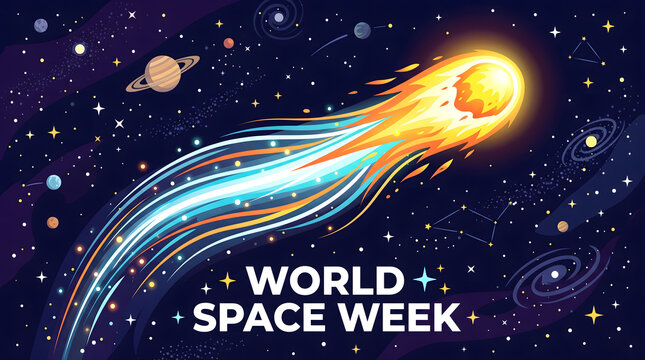 A vibrant illustration of a glowing comet flying through deep outer space for World Space Week celebration.