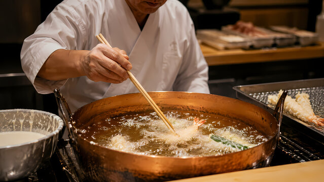銅鍋で天ぷらを揚げる日本料理人の手元