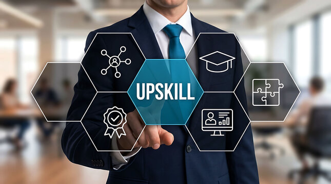 Businessman touching upskill concept interface for professional business training