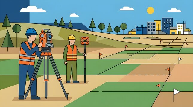 Flat vector illustration of professional land surveyors using total station equipment to measure and map a construction site before development. Suitable for engineering, surveying, and urban planning