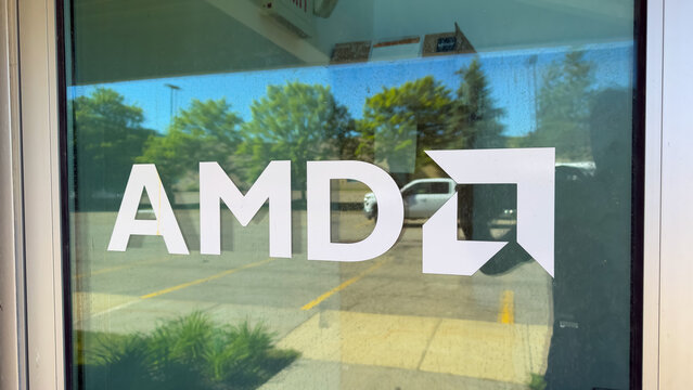 AMD logo and branding on office window
