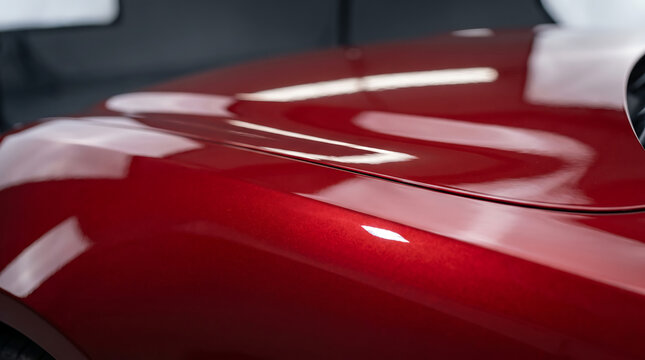 Close up of the shiny red paint of a modern car, showcasing its smooth surface and reflective quality under bright lighting conditions.