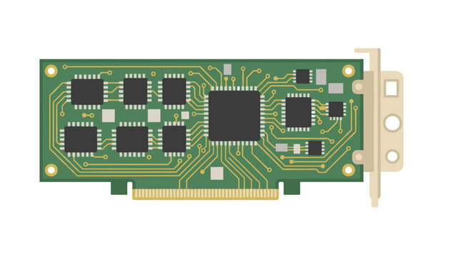 Flat vector illustration of a green electronic printed circuit board graphic card with detailed microchips.