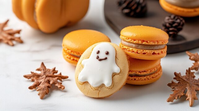 Halloween Macaron Delights: Whimsical macaron cookies with a spooky ghost design, nestled amongst autumn leaves and a festive pumpkin, evoke the playful spirit of Halloween.