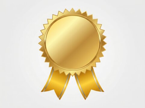 Shiny gold medal award badge with ribbons for winner achievement and quality certification