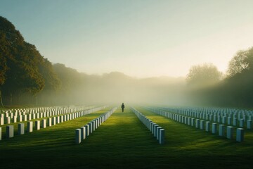 Obraz premium Rows of white stone at a war memorial in morning light with a person walking through the path among the stones in the distance