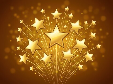 Shiny golden star fireworks explosion on a dark brown background