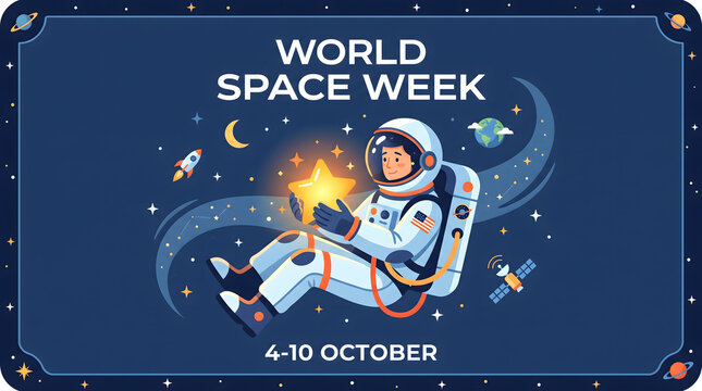 World Space Week celebration banner with a cartoon astronaut floating in outer space holding a glowing star.