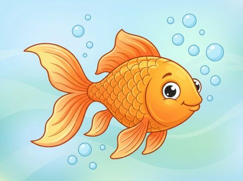 Cute cartoon goldfish swimming underwater with bubbles in a bright blue aquatic environment