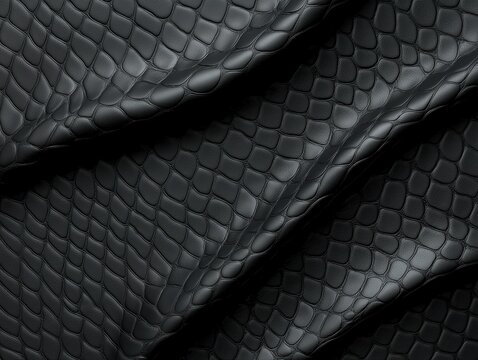 Close-up image of black leather with a reptile scale pattern, showing texture and folds.