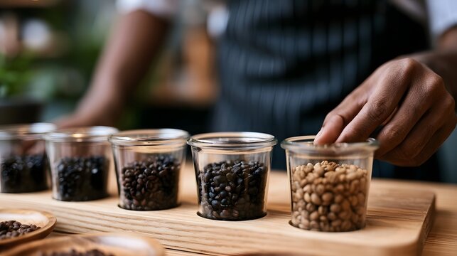 A person s hand selecting coffee beans from small glass jars arranged on a wooden tray for tasting or comparison