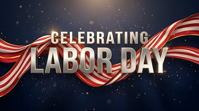 Labor Day metallic typography design. USA holiday celebration with waving American flag ribbons.
