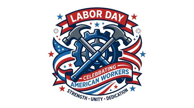 Labor Day emblem with crossed hammers and gear. American worker celebration badge design.
