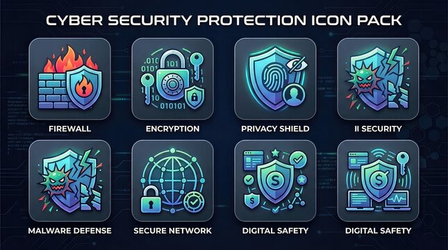 Cyber security protection icon pack with firewall encryption with protection icons including displays collection cyber encryption digital safety