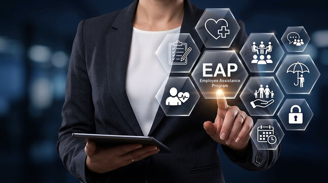 Businesswoman pressing Employee Assistance Program EAP icon on virtual screen