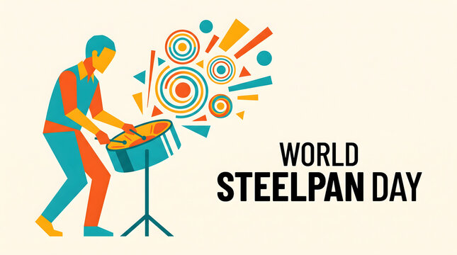 Stylized illustration of a musician playing the steelpan drum for World Steelpan Day celebration.