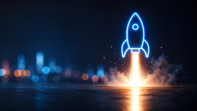 Futuristic glowing neon rocket launching from a dark wet surface with blurred city skyline background. Concept of startup, business growth, innovation, and digital technology advancement.