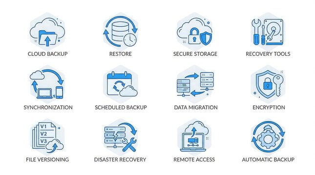 Data backup and recovery icons set for secure storage with displays collection blue recovery with icons related synchronization encryption with versioning