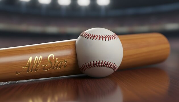 A detailed closeup of a wooden baseball bat hitting ball with gold all-star lettering inside a brightly lit stadium arena for a major league game competition concept