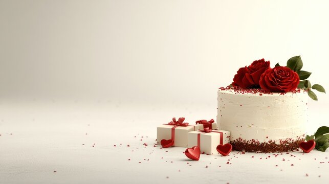 Sweet Celebration of Love: A decadent white cake adorned with vibrant red roses sits beside petite gift boxes, accented by scattered red confetti and a small heart, exuding romance and festivity.