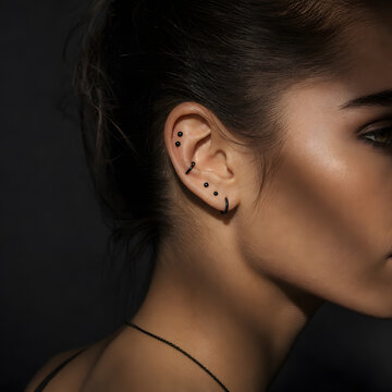 Beautiful young woman showing off stylish black minimalist ear piercing jewelry and ear studs in dramatic lighting