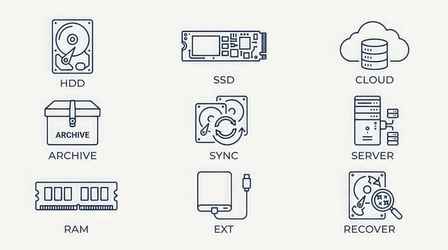 Data storage solutions line icons for business with icons representing various displays collection line solutions with solutions with solutions