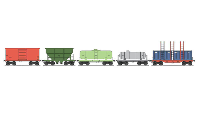 Graphic set of five different railway freight cargo wagons including tank cars, boxcars, and container wagons.