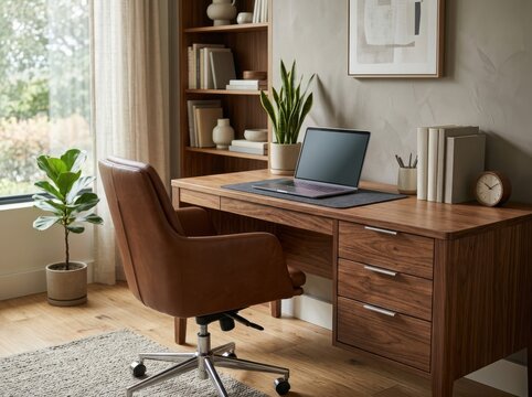 Modern home office workspace with wooden desk laptop chair and indoor plants in a sunlit room