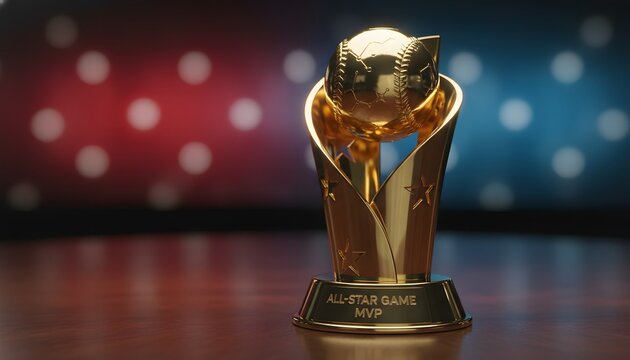 Shiny gold baseball trophy award for the MLB All-Star Game MVP sitting on a wooden table with red and blue bokeh background lights for victory championship concept