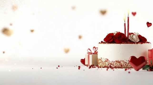 Valentine's Cake with Roses and Gifts: A romantic celebration cake adorned with red roses and lit candles, surrounded by heart-shaped decorations and gift boxes.