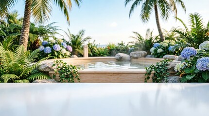 Fototapeta premium Tropical Garden with Stone Fountain and Hydrangeas for Relaxation Concept