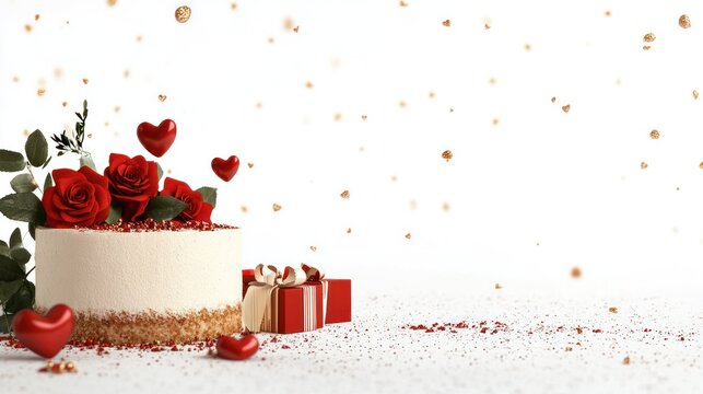 A Celebration of Love: A beautifully decorated cake adorned with red roses and hearts, accompanied by gift boxes, creates a romantic and festive atmosphere, perfect for celebrating special occasions.