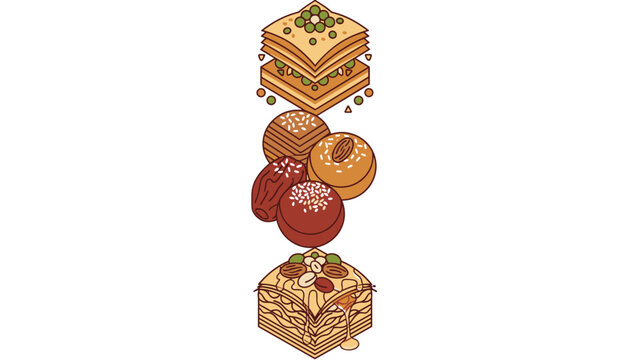 Assorted traditional middle eastern sweets including baklava, stuffed dates, and round pastries arranged vertically on white.