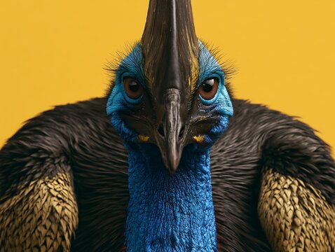 Close-up Portrait of a Majestic Southern Cassowary Bird Against Yellow Background
