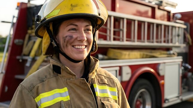 Female firefighter in gear smiling before a truck.