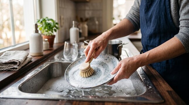 Woman washing dirty dishes with soapy brush in modern kitchen sink