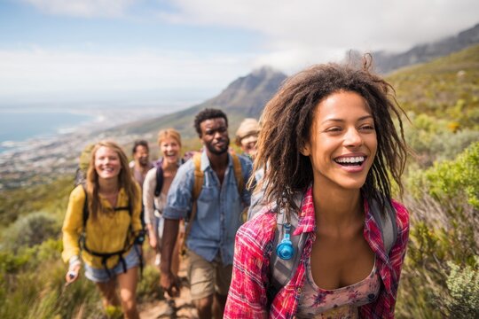 Friends hike together on mountain trail during a sunny day with a clear sky and beautiful views of the landscape and city below