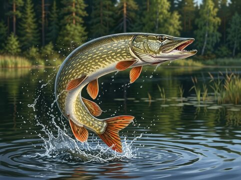 Northern pike fish jumping out of the water in a lake with a forest background
