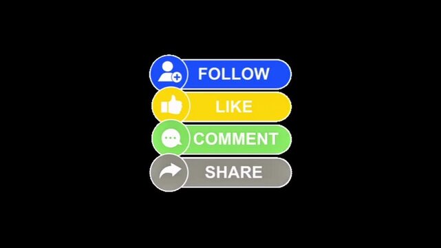 Essential set of interactive digital buttons for social media engagement, facilitating core user actions like following, liking, commenting, and sharing content 4K