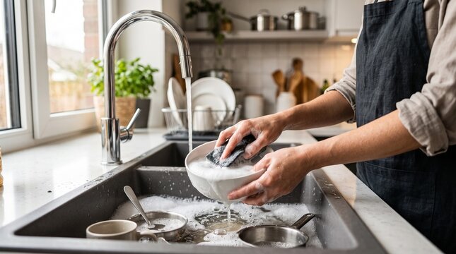 Woman washing dishes with foam and sponge in a modern kitchen sink