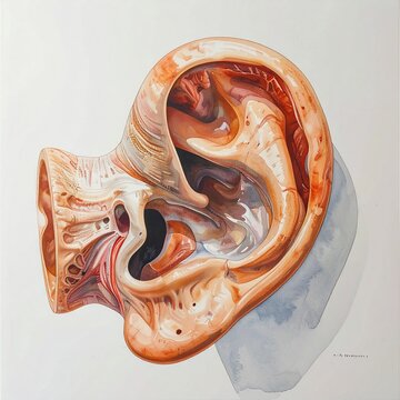 Detailed anatomical illustration of human ear structure.