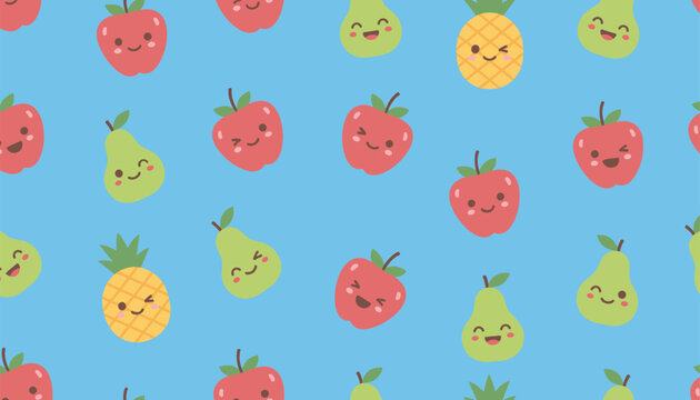 Seamless pattern featuring cute cartoon apples, pears, and pineapples with happy faces on a light blue background.