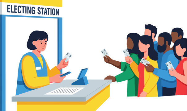 Female worker at electing station desk checks ids of diverse voters