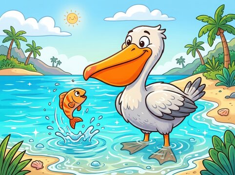 Happy pelican standing in the tropical ocean water watching a small jumping fish near a sandy beach with palm trees