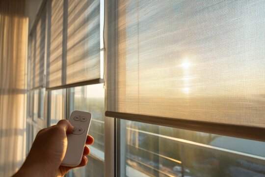 Smart home blinds adjust to sunlight in a room with remote control while the sun sets in the evening sky